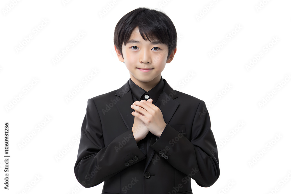 Asian young boy in suit with hand on chest. isolated on a transparent background Asian young boy in suit with hand on chest. isolated on a transparent background