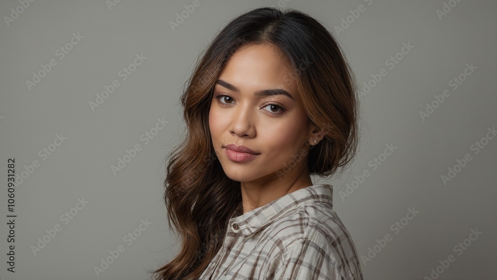 Young Asian woman with a soft smile wearing a checked shirt against a neutral background Young Asian woman with a soft smile wearing a checked shirt against a neutral background