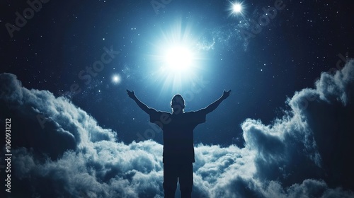 Wallpaper Mural a man with raised hands prays against the background of the sky with a white cloud and a bright sun Torontodigital.ca