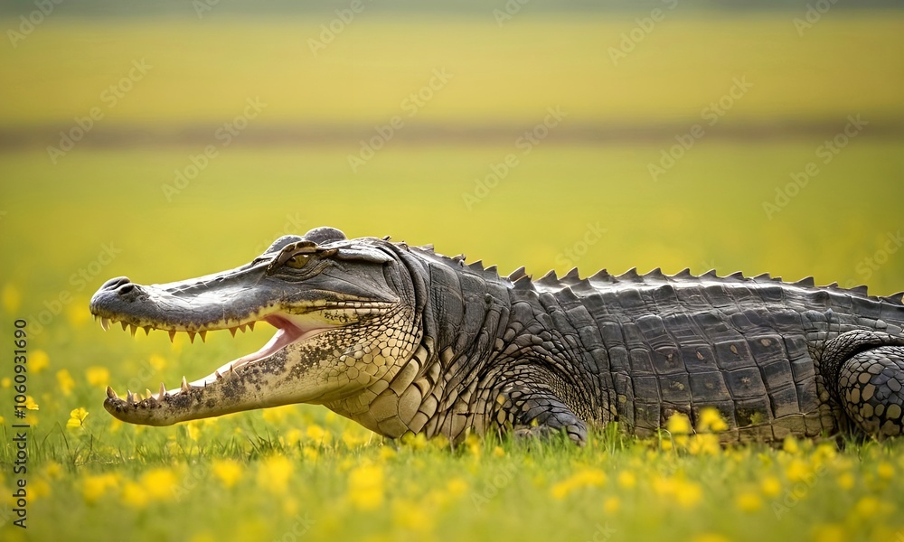 Fototapeta premium Side profile of a crocodile resting on a grassy river bank