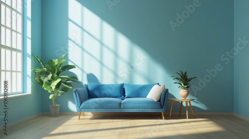 A serene living room with a blue sofa, plants, and natural light streaming through windows.