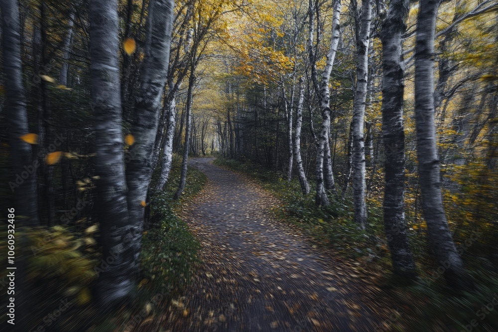 A forest path surrounded by trees in motion, as leaves rustle and fall to the ground, creating a sense of movement in the cool autumn air. A forest path surrounded by trees in motion, as leaves rustle and fall to the ground, creating a sense of movement in the cool autumn air.