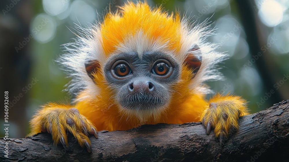 A close-up portrait of a young golden monkey with a fluffy orange coat and large, inquisitive eyes, perched on a tree branch in a lush green forest. A close-up portrait of a young golden monkey with a fluffy orange coat and large, inquisitive eyes, perched on a tree branch in a lush green forest.