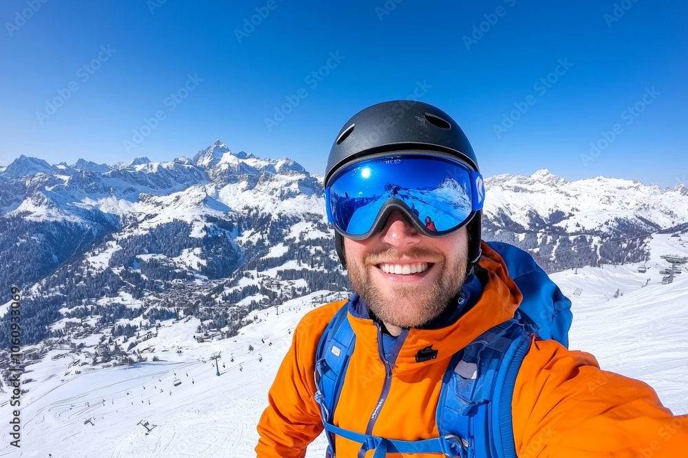 In the snowy mountains with orange sunglasses and a jacket, a man is smiling In the snowy mountains with orange sunglasses and a jacket, a man is smiling