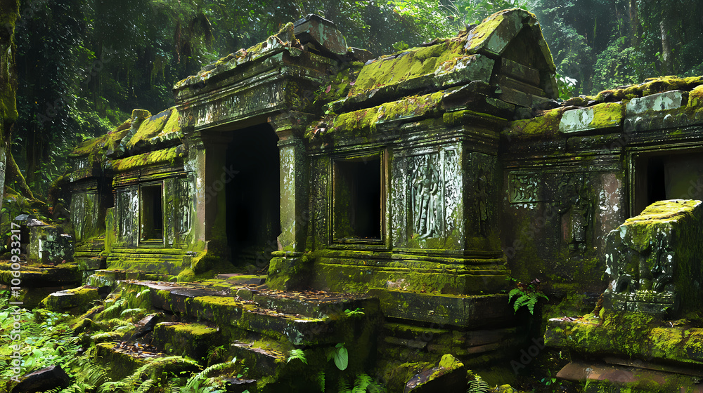 Weathered moss covered ruins of a lost temple hidden deep within a lush overgrown jungle intricate stone carvings and ornate architectural details surrounded by vibrant. Deep Jungle. Illustration Weathered moss covered ruins of a lost temple hidden deep within a lush overgrown jungle intricate stone carvings and ornate architectural details surrounded by vibrant. Deep Jungle. Illustration