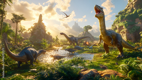 A Lush Prehistoric Landscape Filled with Diverse Dinosaurs Roaming Freely Beneath a Bright Blue Sky