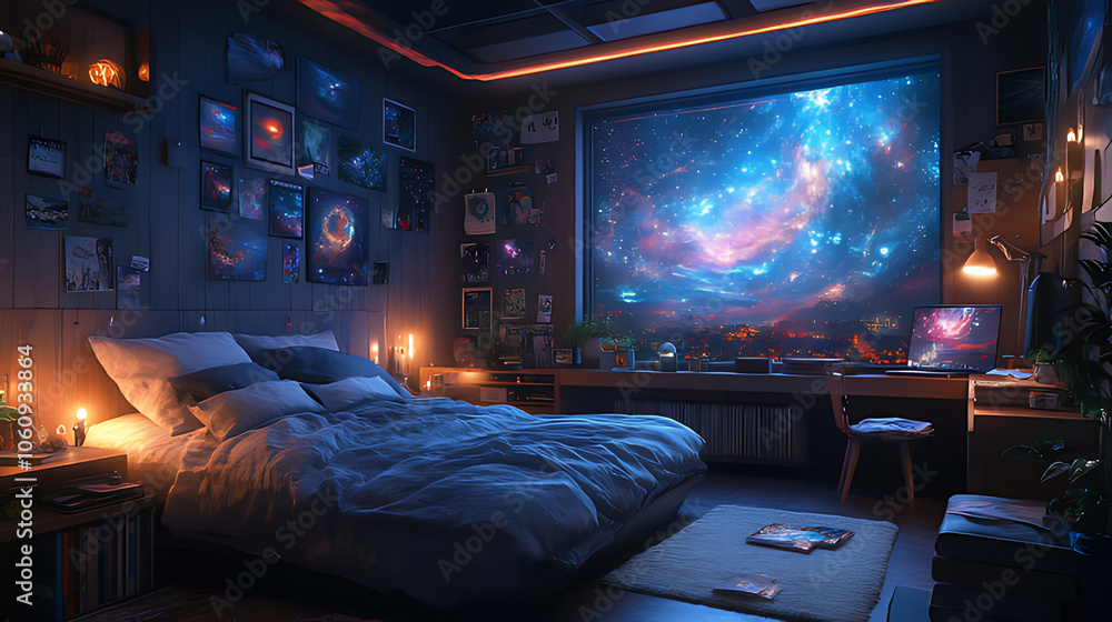 Modern bedroom with a large window overlooking a starry night sky. Modern bedroom with a large window overlooking a starry night sky.