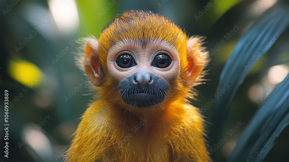 Fototapeta premium A close-up portrait of a small monkey with large brown eyes looking directly at the camera.