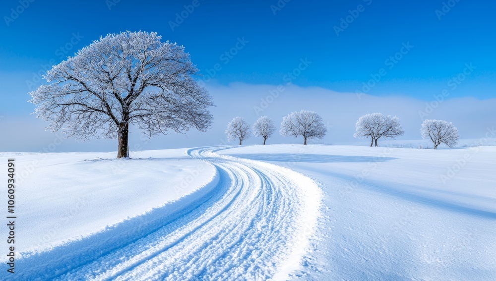 Obraz premium Frost-covered trees and misty meadows decorate this winter wonderland