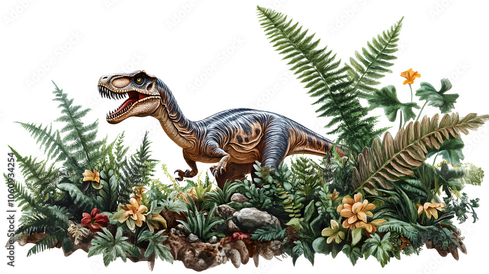 A Dramatic Scene of a Carnivorous Dinosaur Hunting Amongst Ancient Ferns in a Natural Setting A Dramatic Scene of a Carnivorous Dinosaur Hunting Amongst Ancient Ferns in a Natural Setting