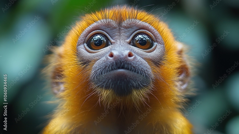 A close-up portrait of a young golden monkey with large, brown eyes looking directly at the camera. A close-up portrait of a young golden monkey with large, brown eyes looking directly at the camera.