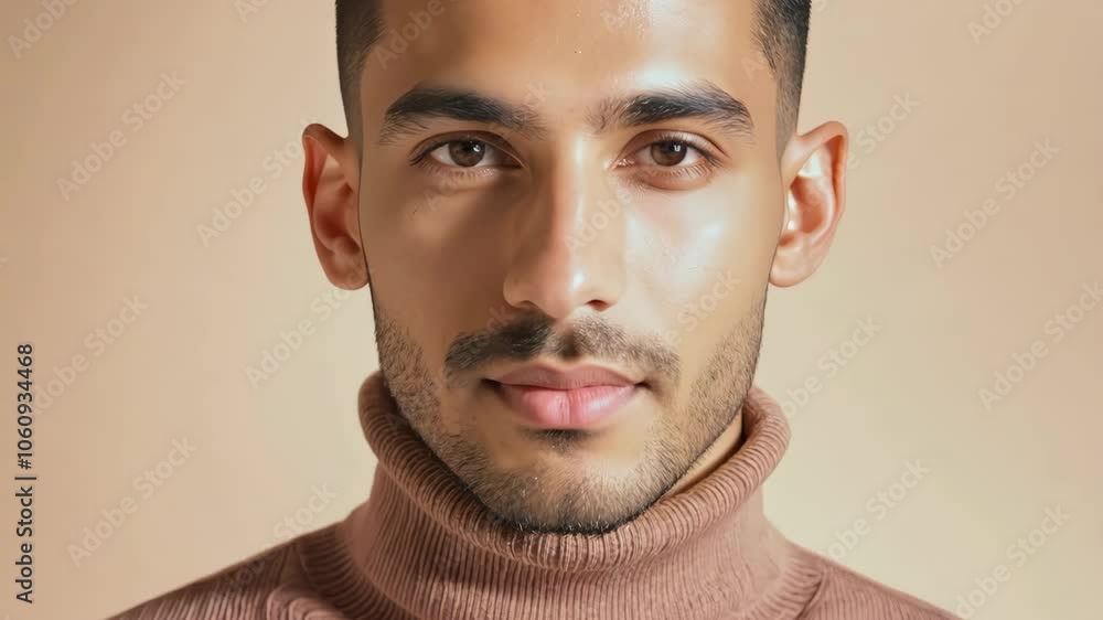 Confident young man in brown turtleneck on neutral background Confident young man in brown turtleneck on neutral background