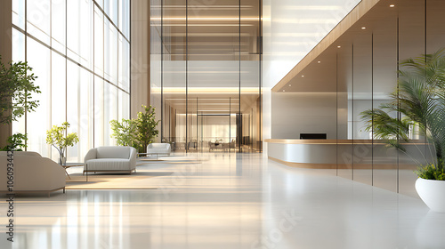 Blurred hotel or office building lobby blur background interior view toward reception hall, modern luxury white room space with blurry corridor and building glass wall window