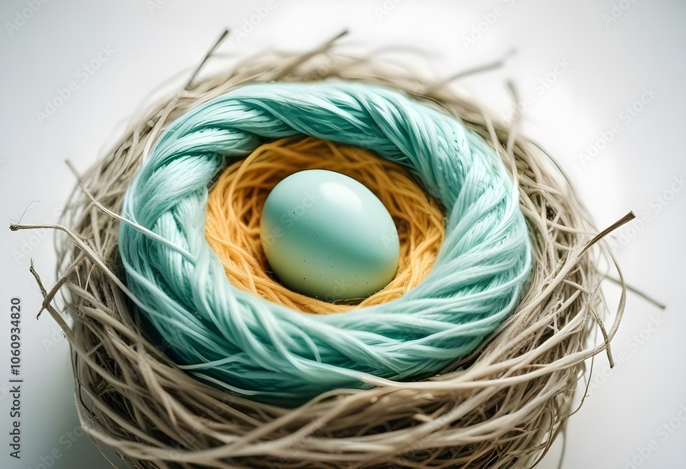 A pale green egg surrounded by a cozy nest made of colorful yarn, creating a contrast against the white background create with ai A pale green egg surrounded by a cozy nest made of colorful yarn, creating a contrast against the white background create with ai