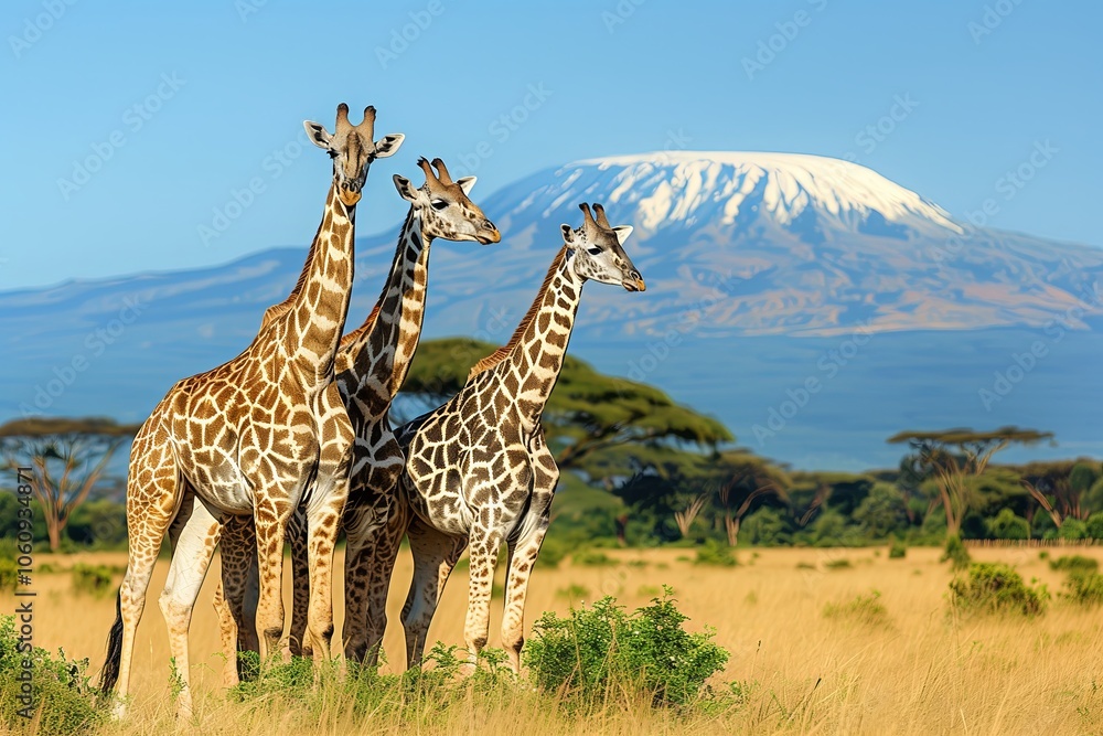 Fototapeta premium Three giraffe on Kilimanjaro mount background in National park of Kenya
