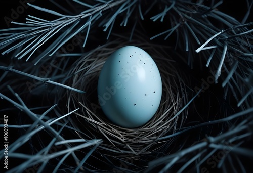 A pale blue egg surrounded by a nest of pine needles and small branches, isolated on a stark black background, with the egg's surface reflecting light subtly create with ai