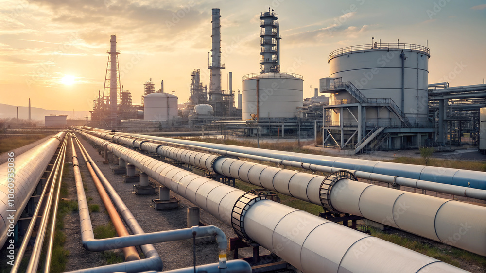 Long curved fuel pipelines amid industrial complex at sunset Long curved fuel pipelines amid industrial complex at sunset