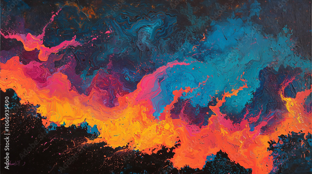 Abstract painting with vibrant swirls of orange, pink, blue, and black.. Abstract painting with vibrant swirls of orange, pink, blue, and black..
