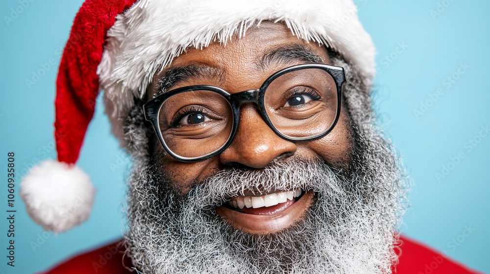 Smiling man wearing a Santa hat and glasses.. Smiling man wearing a Santa hat and glasses..