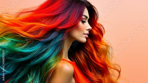 Magnifique femme aux cheveux arc-en-ciel