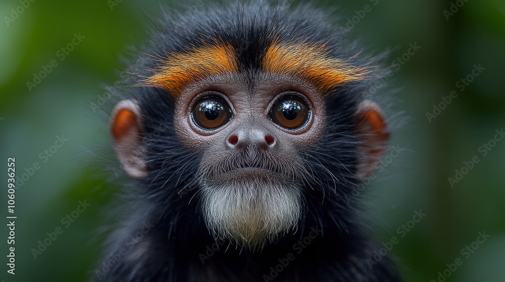 A close-up portrait of a small black monkey with an orange stripe on its head, looking directly at the camera. A close-up portrait of a small black monkey with an orange stripe on its head, looking directly at the camera.