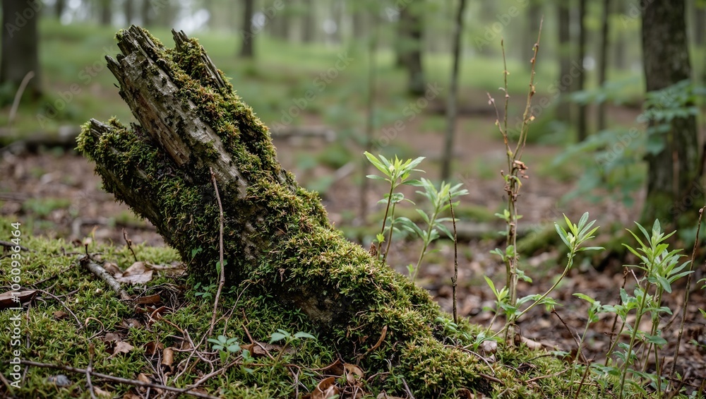 Peaceful woodland scene with moss covered tree root and small plants growing Peaceful woodland scene with moss covered tree root and small plants growing
