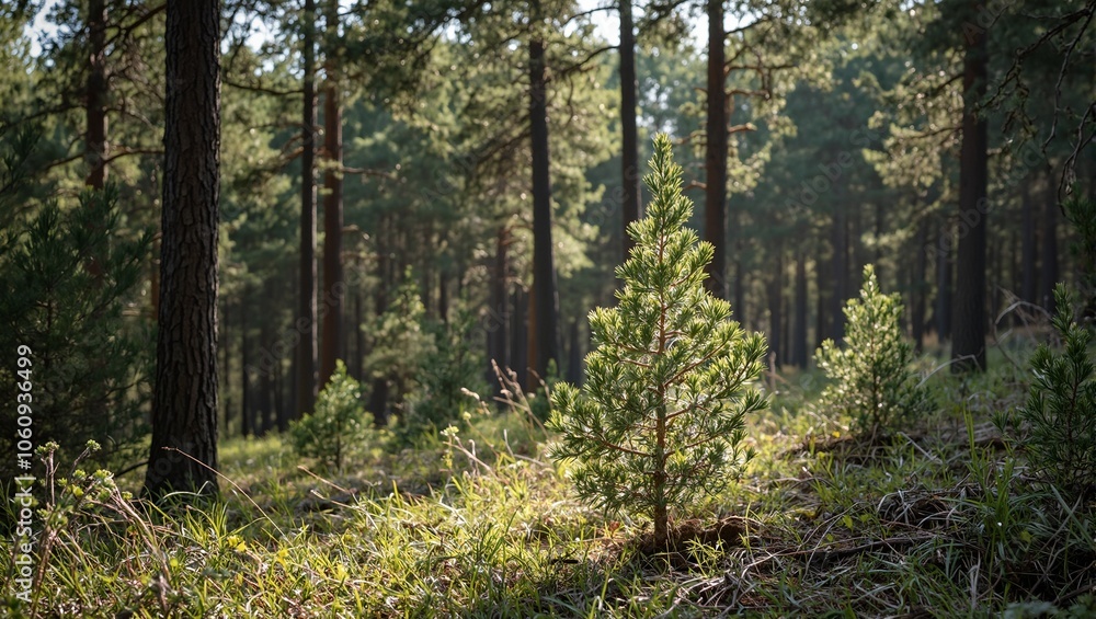 Baby pine tree in a sunlit forest clearing Baby pine tree in a sunlit forest clearing