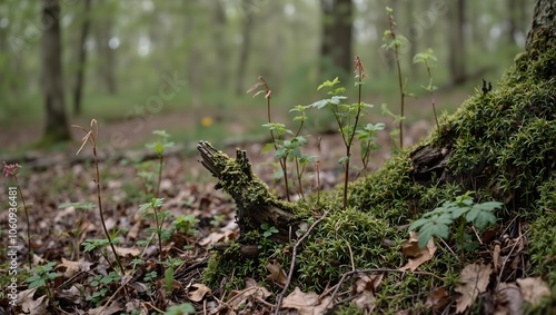 Peaceful woodland scene with moss covered tree root and small plants growing