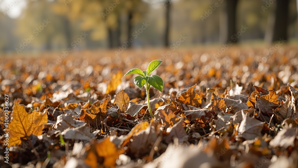 Resilient green sprout emerging through autumn leaves Resilient green sprout emerging through autumn leaves