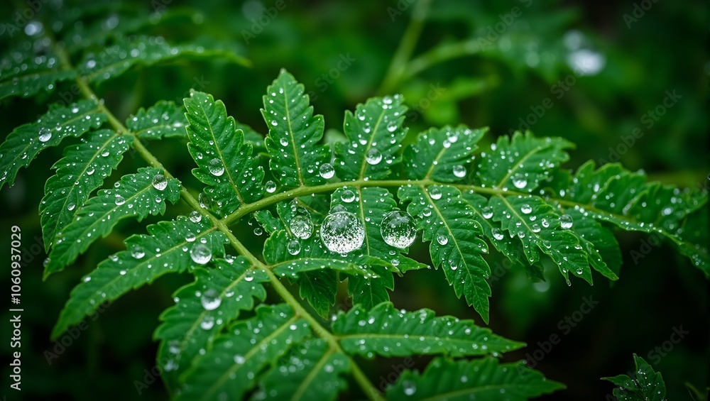 Vibrant green fern leaf adorned with round dewdrops reflecting lush surroundings Vibrant green fern leaf adorned with round dewdrops reflecting lush surroundings