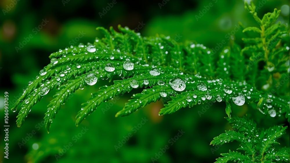 Vibrant green fern leaf adorned with round dewdrops reflecting lush surroundings Vibrant green fern leaf adorned with round dewdrops reflecting lush surroundings