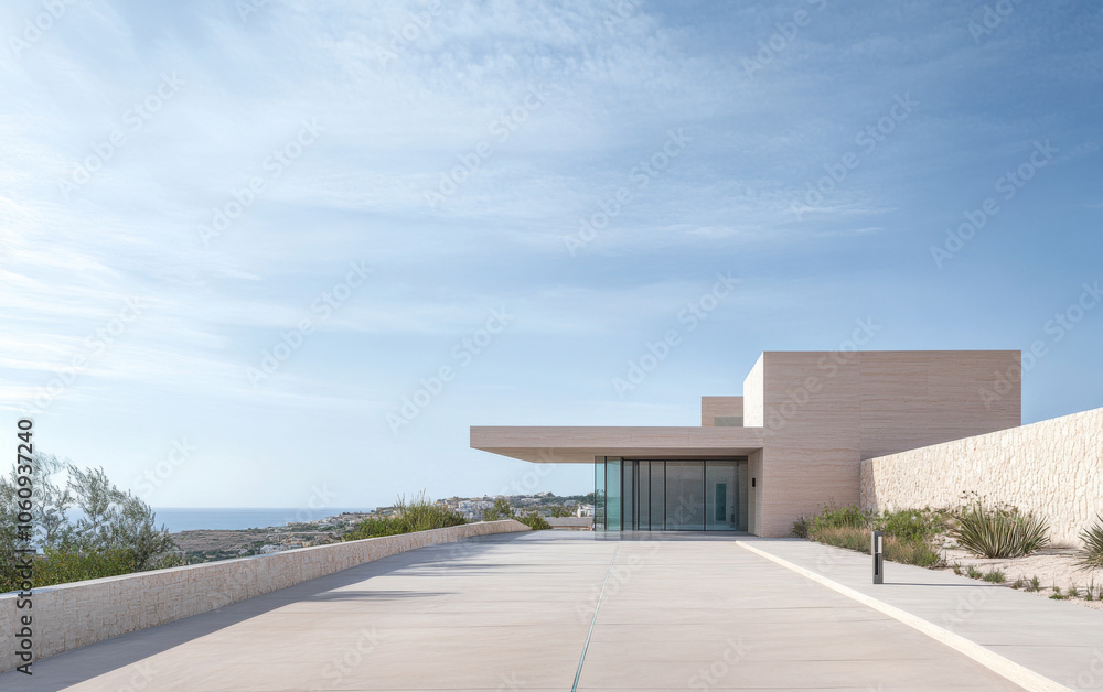 Naklejka premium Modern coastal residence with expansive views in a serene seaside location at midday