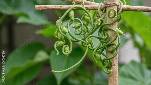 Vibrant green pea plant tendrils wrapping around wooden support photo