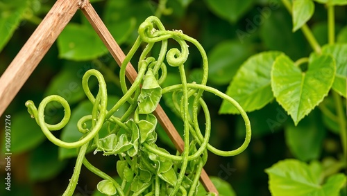 Vibrant green pea plant tendrils wrapping around wooden support photo