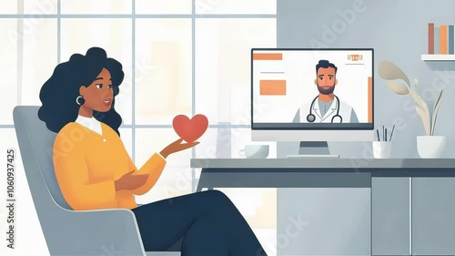 Black woman in yellow sweater engaged in telehealth with male doctor on screen.