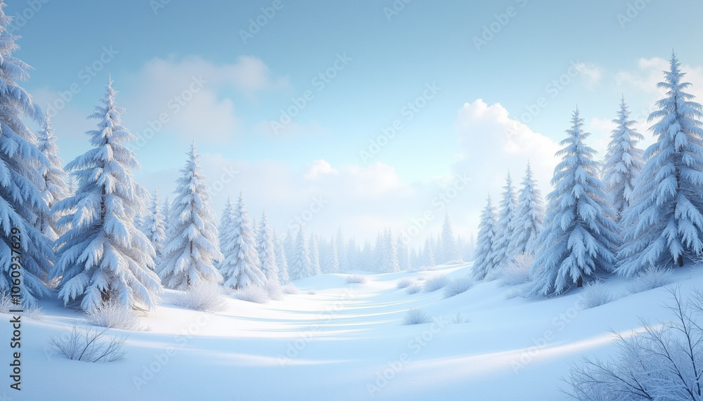 A calm winter landscape with white pines completely covered with snow, under a clear blue sky, a peaceful scene A calm winter landscape with white pines completely covered with snow, under a clear blue sky, a peaceful scene