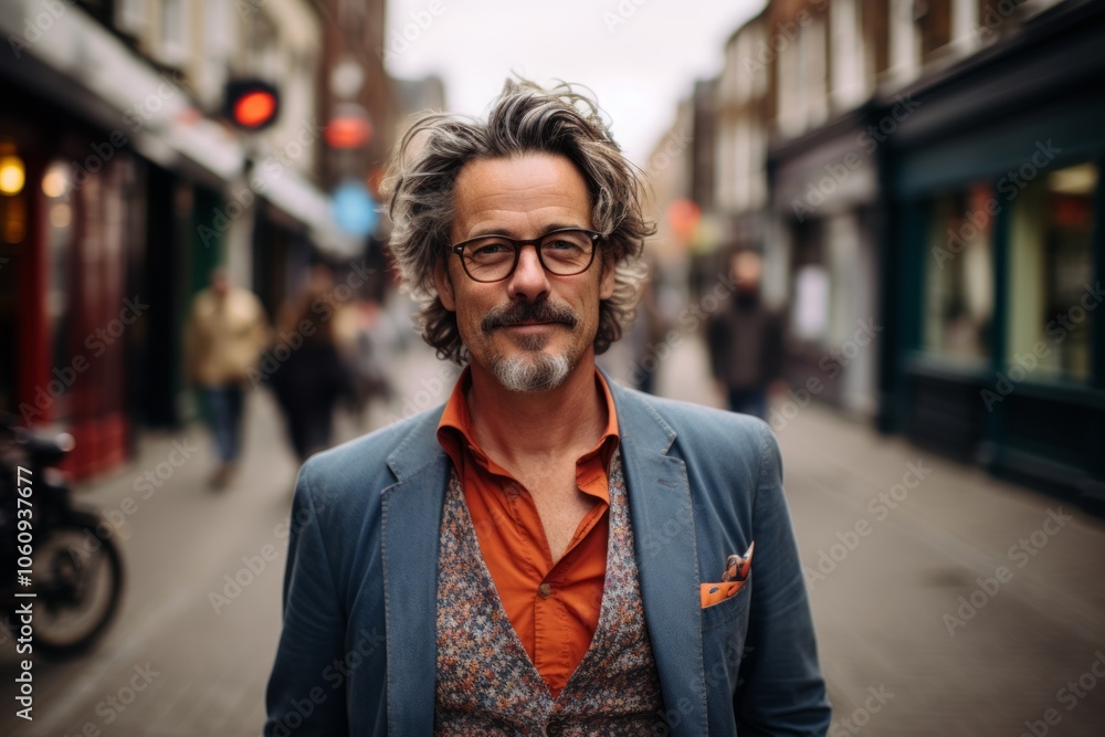 Handsome middle-aged man with short gray hair, wearing a jacket and glasses, walking on a narrow street in London. Handsome middle-aged man with short gray hair, wearing a jacket and glasses, walking on a narrow street in London.