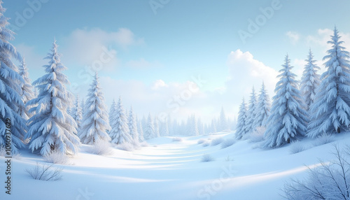 A calm winter landscape with white pines completely covered with snow, under a clear blue sky, a peaceful scene