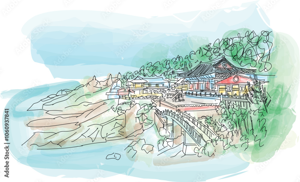 Haedong Yonggungsa Temple and Haeundae Sea in Busan, Buddhist temple in Busan, South Korea - vector illustration