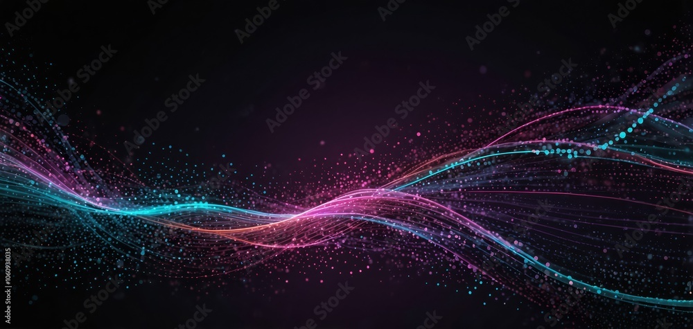 Obraz premium Big data neon background. Technology ai round particles dots banner. Artificial Intelligence futuristic swirl circle connect innovation design