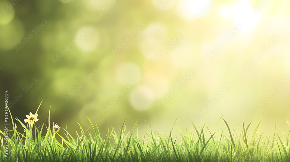 Fototapeta premium green grass blurred background with sun rays on a meadow in the park