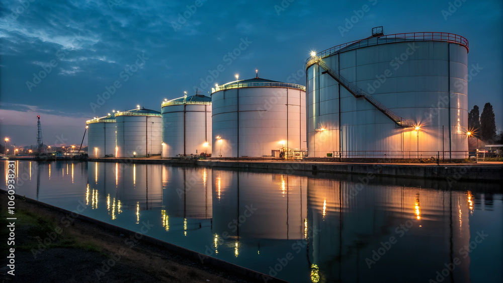 Obraz premium Large biofuel storage tanks illuminated at night, reflecting in water