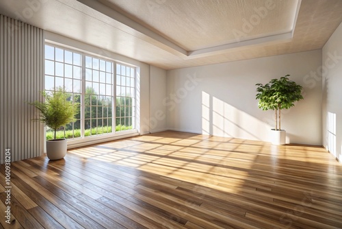 Bright empty room, large windows, sunlight streaming in, hardwood floors, white walls, potted plants, minimalist interior, spacious, airy atmosphere, natural light, beige ceiling, wood beams, contempo photo