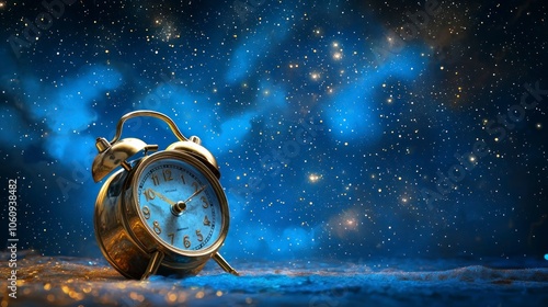 Golden alarm clock against a blue starry night sky background photo