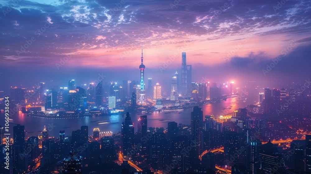 Obraz premium A vibrant evening skyline of Shanghai showcasing its economic growth and architectural beauty