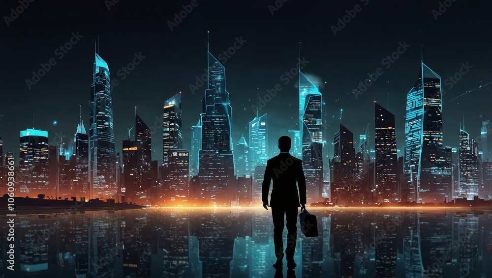 Business technology concept, Professional business man walking on future city background and futuristic interface graphic at night Business technology concept, Professional business man walking on future city background and futuristic interface graphic at night