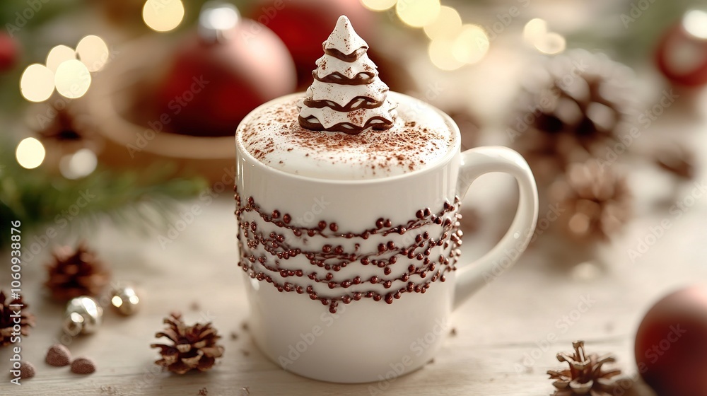 A festive white mug filled with a warm drink, the foam carefully decorated with a cocoa powder Christmas tree, creating a cozy holiday atmosphere A festive white mug filled with a warm drink, the foam carefully decorated with a cocoa powder Christmas tree, creating a cozy holiday atmosphere