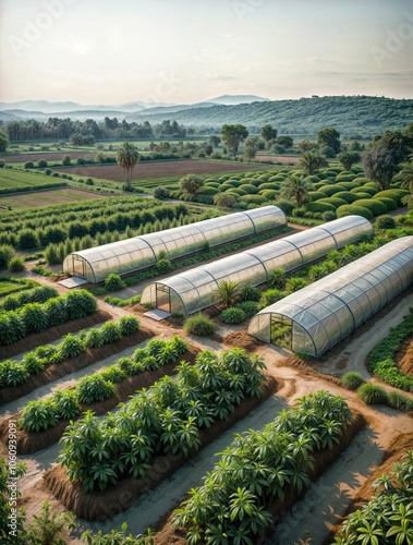 large outdoor farm with multiple rows of green plants under clear plastic tunnels