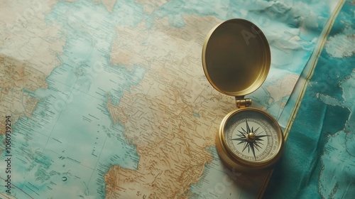 Antique Compass Resting on a Detailed World Map photo