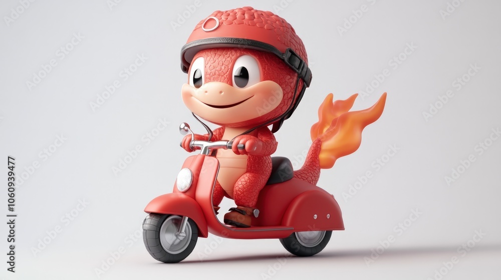 A cute red dragon with a tail of flames riding a red scooter while wearing a red helmet. A cute red dragon with a tail of flames riding a red scooter while wearing a red helmet.
